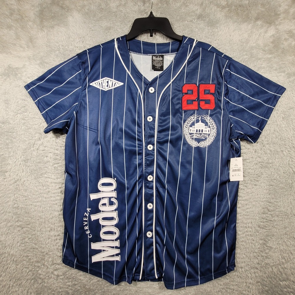 Modelo Baseball Jersey Mens XL Blue Pinstripe Fighting Spirit Button Up
